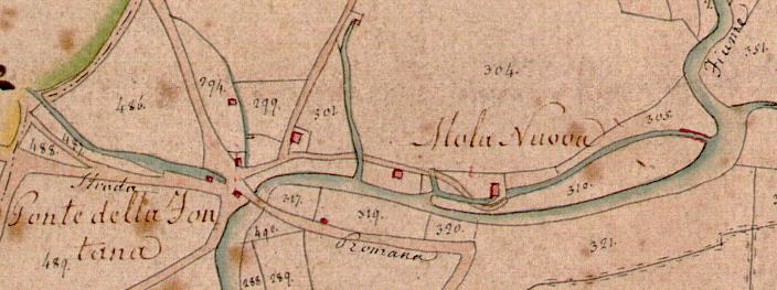 Frammento della cartografia gregoriana sito mola nuova con impianto di sbarramento del fiume in rosso - Frosinone - Archivio di Stato di Frosinone