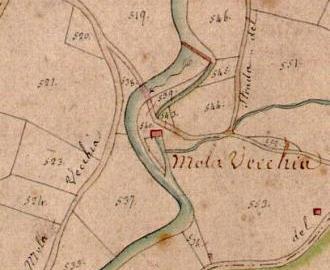Frammento della mappa gregoriana - sito mola vecchia con impianto di sbarramento del fiume in rosso - Frosinone - Archivio di Stato di Frosinone