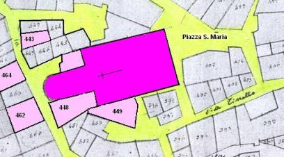 Anno 1819/1820 - Elaborazione da notizie tratte dal Brogliardo - Archivio di Stato di Frosinone - La Chiesa di S. Maria e le abitazioni dei preti e le sedi delle confratenite detenute a vario titotolo